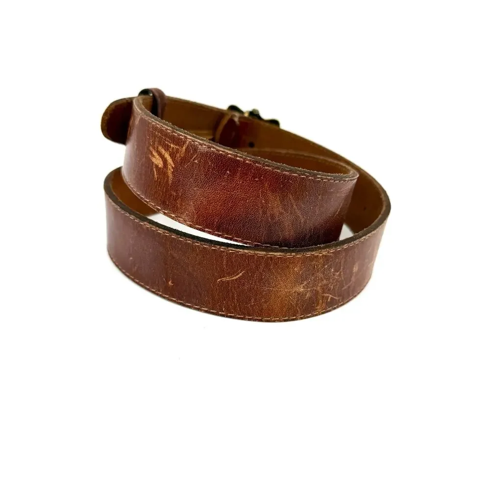 Vintage 90s Distressed Brown Leather Belt With Brass Faucet Buckle